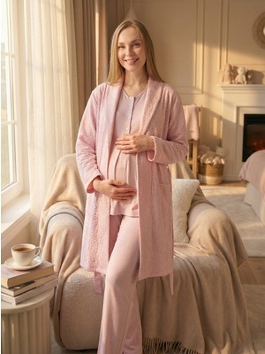 Lohussa Yeni Sezon Pudra Jakarlı Kısa Kol Şal Yaka Tasarım Yazlık Hamile Sabahlık Pijama Takım Seti