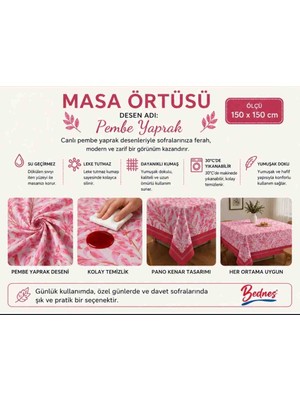 Magic Lady Pembe Yaprak Pano Desen Masa Örtüsü 150X150 cm – Leke Tutmaz, Su Geçirmez, Silinebilir
