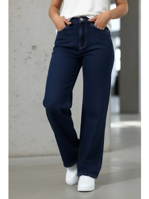 Woddi Vera Kadın Yüksek Bel Lacivert Salaş Jeans Wide Leg Geniş Paça Palazzo Kot Pantolon