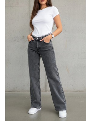 Woddi Vera Kadın Yüksek Bel Füme Salaş Jeans Wide Leg Geniş Paça Palazzo Kot Pantolon