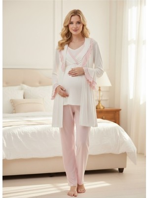 Lohussa Yeni Sezon Pudra Şal Yaka Volanlı Yazlık Tasarım Kısa Kollu Hamile Lohusa Sabahlık Pijama Takımı Set