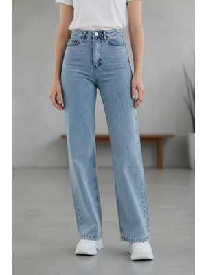Woddi Mila Kadın Yüksek Bel Buz Kar Yıkama Salaş Wide Leg Jeans Geniş Paça Palazzo Kot Pantolon