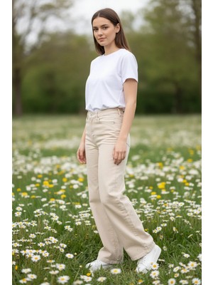Woddi Vera Kadın Yüksek Bel Krem Salaş Jeans Wide Leg Geniş Paça Palazzo Kot Pantolon