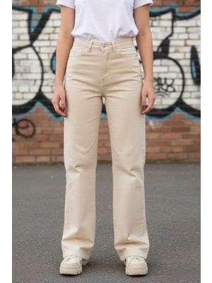 Woddi Mila Kadın Yüksek Bel Krem Salaş Wide Leg Jeans Geniş Paça Palazzo Kot Pantolon
