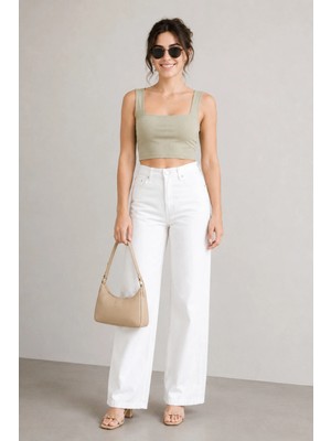 Woddi Mila Kadın Yüksek Bel Beyaz Salaş Wide Leg Jeans Geniş Paça Palazzo Kot Pantolon