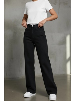 Woddi Mila Kadın Yüksek Bel Siyah Salaş Wide Leg Jeans Geniş Paça Palazzo Kot Pantolon