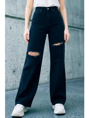 Woddi Elora Siyah Salaş Dizi Yırtık Rahat Kesim Palazzo Jeans Kot Pantolon