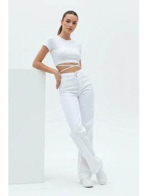 Woddi Vera Kadın Yüksek Bel Beyaz Salaş Jeans Wide Leg Geniş Paça Palazzo Kot Pantolon