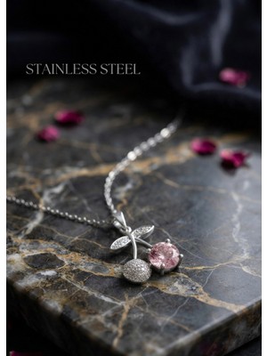 Stainless Steel 316L Çelik Zincir Gümüş Renk Pembe Kiraz Model Kolye