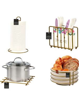 Edora Home 4'lü Mat Gold Servis Sunum Seti Peçetelik Kağıt Havluluk Ekmeklik Nihale Paslanmaz Metal