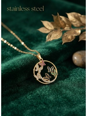 Stainless Steel 316L Çelik Zincir Gold Renk Zirkon Taşlı Renkli Kelebekli Kolye
