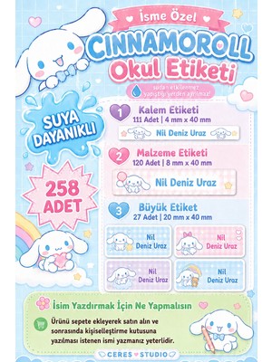 Ceres Studio Okul Etiketi Kalem Defter Isimli Etiket Isim Yazılabilen Cinnamoroll Temalı - 258 Adet Özel Yeni Tasarım