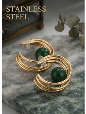Stainless Steel Pirinç Gold Renk Halka Model Yeşil Boncuk Detay Küpe