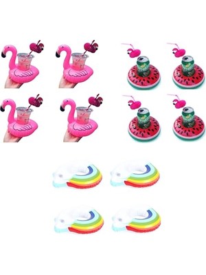 Die Grup Flamingo Gökkuşağı Karpuz Şişme Havuz Deniz Bardak Tutucu Float 12LI Set