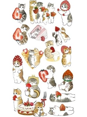 Die Grup Strawberry Cat Çilek Kedi Tablet Telefon Laptop Ajanda Bullet Journal Sticker -Suya Dayanıklı Etiket