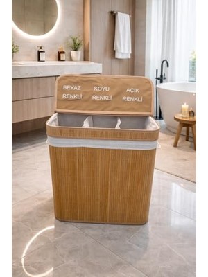 Die Grup Lüks Bambu 3 Bölmeli Çamaşır Kirli Sepeti 52X32X60CM Büyük Boy 100 Lt (Sarı)