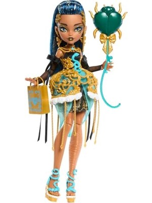 Die Grup Monster High Altın Rengi Parti Elbisesi Giyen Cleo De Nile Bebek ve Davetiye, Balon, Hediye ve Ruj Gibi Temaya Uygun Aksesuarlar, JBG76
