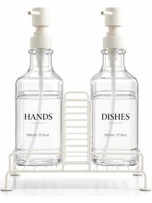 Die Grup Busstier 2'li Stantlı Ekru Sıvı Sabunluk Seti, Mutfak ve Banyo Için Tezgah Üstü Pompalı Sabun ve Deterjan Dispenseri, 500 ml x 2