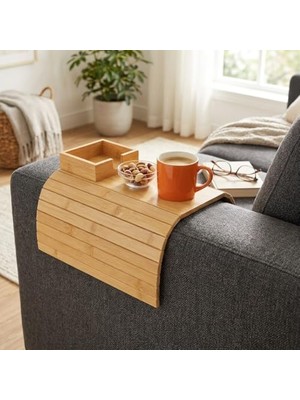 Die Grup Deconox Bambu Koltuk Kenarı Tepsisi ve Organizer - Katlanabilir Bölmeli Ahşap Kanepe Yanı Sehpa, Bardaklık ve Kumandalık (41 x 33.5 x 4.5 Cm)