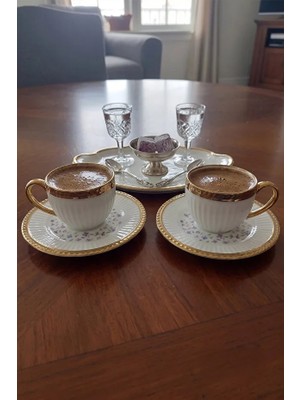 iselahome Florry Altın Yaldızlı Kabartmalı Porselen Türk Kahvesi Fincan Takımı 2’li 90 cc