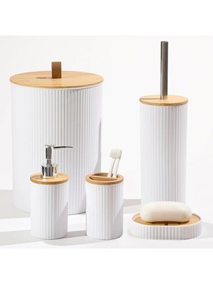 Die Grup 5 Parça Yuvarlak Banyo Seti, Bambu Kapaklı, Beyaz, Hacim: 7 Litre