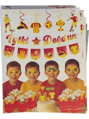 Die Grup Jl Sarı Kırmızı, Taraftar Doğum Günü Parti Seti, 29 Parçalı, Banner, Tavan Sarkıt, 3D Gözlük, Pasta Figürü ve Mısır Kutusu