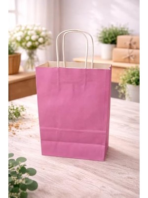 Die Grup Çelikpençe Kraft Kağıt Çanta, Büküm Saplı, 25X31X12 cm Cm, Hediyelik Butik Mağaza Poşeti, 25 Adet (Koyu Pembe)