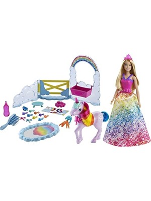Die Grup Barbie Dreamtopia Bebek ve Tek Boynuzlu At, Renk Değiştiren Tuvaletiyle Tek Boynuzlu At ve 18 Aksesuar, 3-7 Yaş GTG01