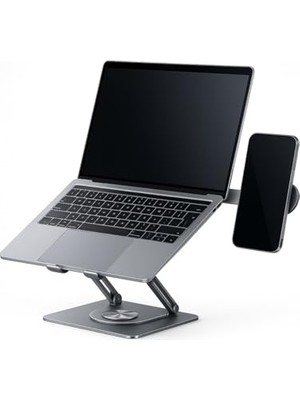 Die Grup Mcstorey Laptop Stand Karbon Çelik 360° Döner Ergonomik Yükseklik Ayarlı Soğutucu Magsafe Uyumlu Telefon Tutuculu Gizlenebilir Notebook Tablet Uyumlu 10-17.3 Inç Gri