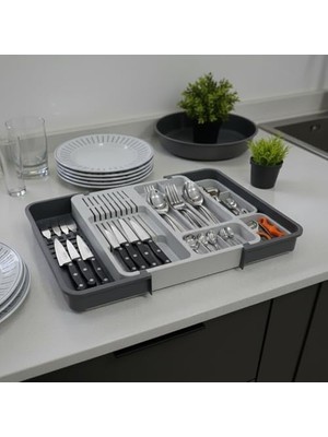 Die Grup Deconox Çekmece Içi Sürgülü Çatal Kaşık ve Bıçaklık Organizeri - Genişleyebilir Modüler Mutfak Düzenleyici (Açık 55 Cm, Kapalı 34 Cm) - Açık Gri ve Antrasit Renk