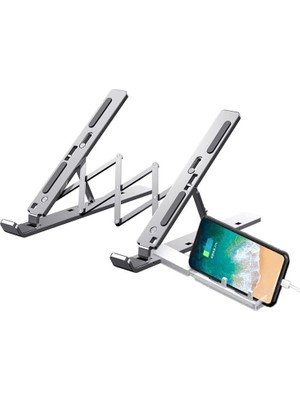 Die Grup Katlanabilir Alüminyum Laptop Standı – 13 Kademeli Yükseklik Ayarlı, Telefon Tutuculu, Taşınabilir, Ergonomik, Isı Dağıtıcı, Kaymaz Silikon Destekli Notebook Sehpası