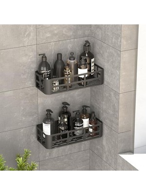 Die Grup Deconox 2'li Set Siyah Yapışkanlı Banyo Duş Rafı - 27X12 cm Matkapsız Montaj Şampuanlık ve Mutfak Baharatlık Organizeri
