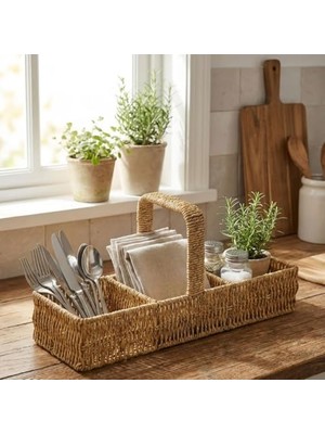 Die Grup Buffer 3 Bölmeli Hasır Sepet Organizer Saplı, Mutfak Banyo Ofis Çok Amaçlı Düzenleyici, Plastik Rattan Kaşıklık Sepeti, 40X13X17 cm