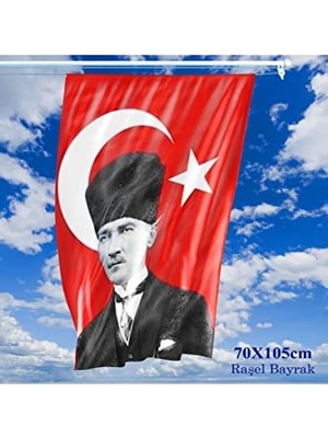 Die Grup 70X105 cm Saten Kumaş T.c. Kalpaklı Atatürk Fotoğraflı Türkiye Bayrağı - Bayrak