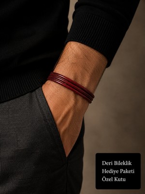 Herşey Nota Rouge Élite Çok Sıralı Hakiki Deri Erkek Bileklik Gümüş Renk Klipsli