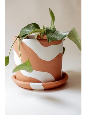 Die Grup Terracotta Silindir Saksı+Tabak • Bohem Beyaz (Küçük)