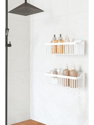 Die Grup Banyor Yapışkanlı Banyo Rafı, 2'li Banyo Düzenleyici Organizer Duş Şampuanlık, Plastik Beyaz