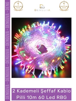 Dekoratif Renkli Yılbaşı Parti Pilli LED 10M 60 LED Rgb 2 Kademeli Şeffaf Kablo Pilli