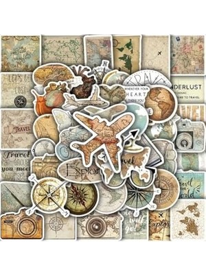 Die Grup 50'li Vintage Travel Map Stickers Set, Seyahat Sticker Seti Laptop Notebook Tablet Sticker Seti