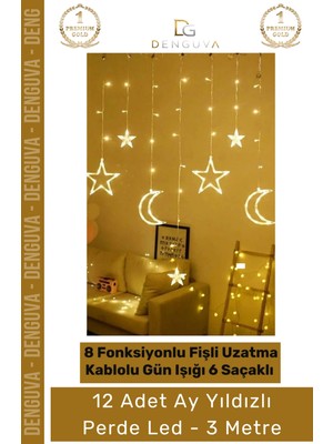 Gün Işığı 8 Fonksiyonlu Uzatma Kablolu Fişli 6 Saçaklı 12 Adet Ay Yıldız Perde LED 3m