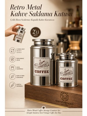 Transformacion Retro Metal Kahve Saklama Kutusu Ikili Set - Paslanmaz Çelik Hava Sızdırmaz Kapaklı Vintage Kahve Kavanozu Büyük 18X10CM Küçük 13X10CM Mutfak Tezgah Üstü Dekoratif Kahve Köşesi Aksesuarı 723411