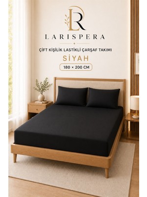 Larispera Siyah Çift Kişilik Lastikli Çarşaf Takımı 180 x 200 cm – 2 Adet 50X70 cm Yastık Kılıflı