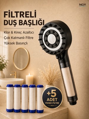 NOY Filtreli Duş Başlığı 5 Yedek Filtre ile | Su Arıtmalı, Klor ve Kireç Önleyici, Yüksek Basınçlı