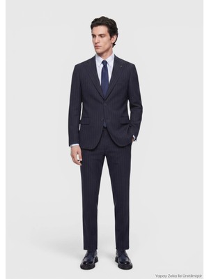 Ramsey Lacivert Çizgili Zeroweight Slim Fit %100 Yün Takım Elbise