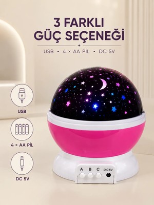 Gees Global Pembe Yıldızlı Gece Lambası Döner Gökyüzü Projeksiyon Işığı