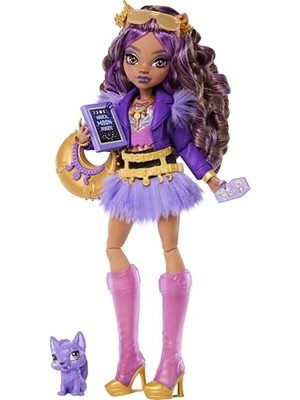 Die Grup Monster High Mor Motosiklet Ceketi ve Tüylü Etek Giyen Monster High Clawdeen Wolf Bebek, Kurt Crescent ve Kitap, Kruvasan ve Çanta Gibi 7 Aksesuar, JHK30