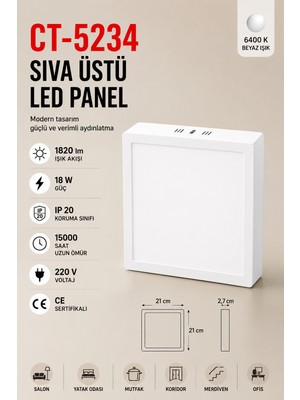 Yenilig CT-5234 Sıva Üstü Kare LED Panel 18W Beyaz Kasa – 21X21 cm 1820 Lümen