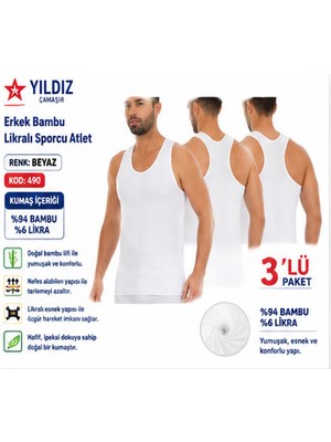 Yıldız Çamaşır Erkek Bambu Sporcu Likralı  Atlet (490-491-492)- 3 Adet