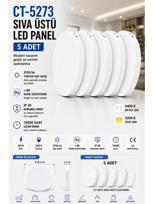 Yenilig 5 Adet CT-5273 Sıva Üstü LED Panel 30W Beyaz Kasa – 26,5 cm Çap 3155 Lümen