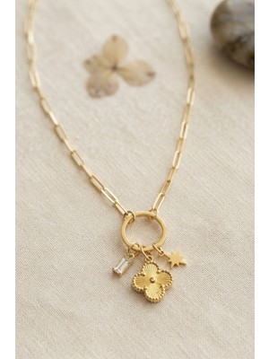 Techora Sale Gold Renk Ataç Zincir Yonca Model Kadın Kolye